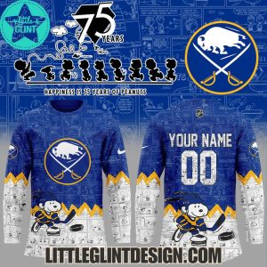 Buffalo Sabres Happines Is 75 Year Of Peanuts 2025 Custom Name Special Edition Hockey Jersey