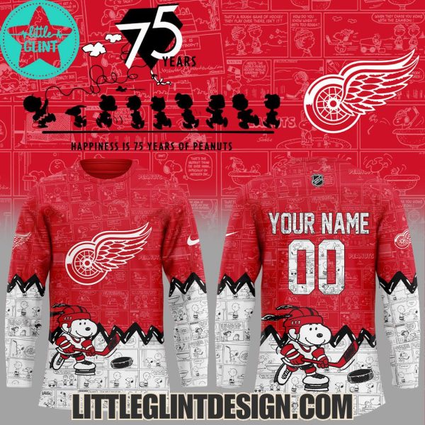 Detroit Red Wings Happines Is 75 Year Of Peanuts 2025 Custom Name Special Edition Hockey Jersey