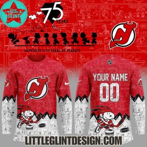 New Jersey Devils Happines Is 75 Year Of Peanuts 2025 Custom Name Special Edition Hockey Jersey