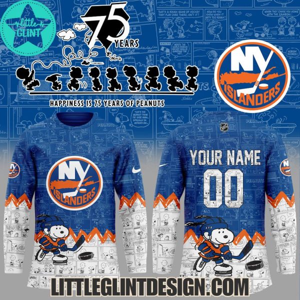 New York Islanders Happines Is 75 Year Of Peanuts 2025 Custom Name Special Edition Hockey Jersey