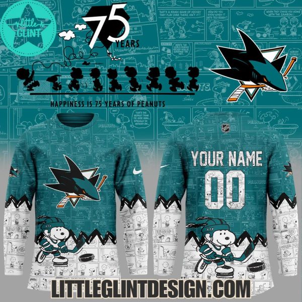 San Jose Sharks Happines Is 75 Year Of Peanuts 2025 Custom Name Special Edition Hockey Jersey