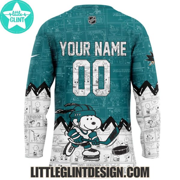 San Jose Sharks Happines Is 75 Year Of Peanuts 2025 Custom Name Special Edition Hockey Jersey