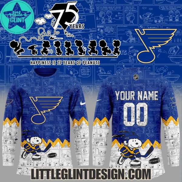 St. Louis Blues Happines Is 75 Year Of Peanuts 2025 Custom Name Special Edition Hockey Jersey